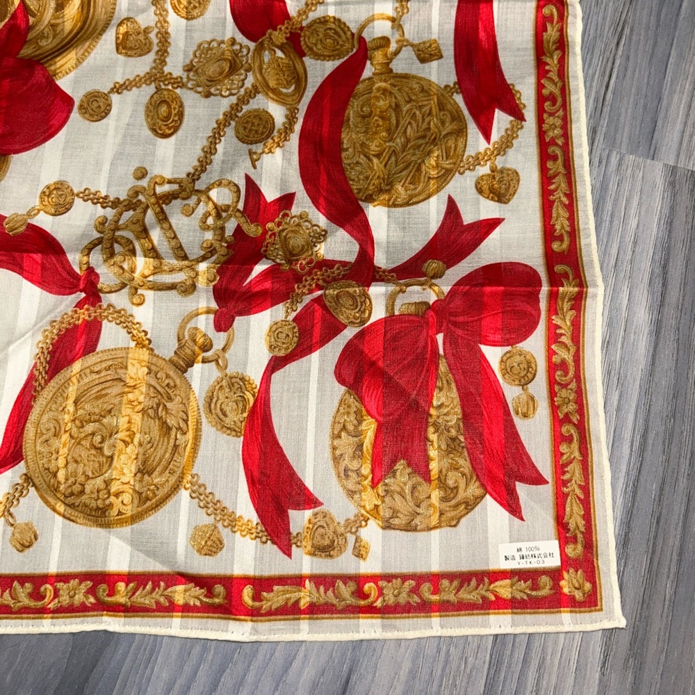 Vintage Christian Dior Gold Chain Red Ribbon Cotton Handkerchief Scarf - Picture 9 of 12